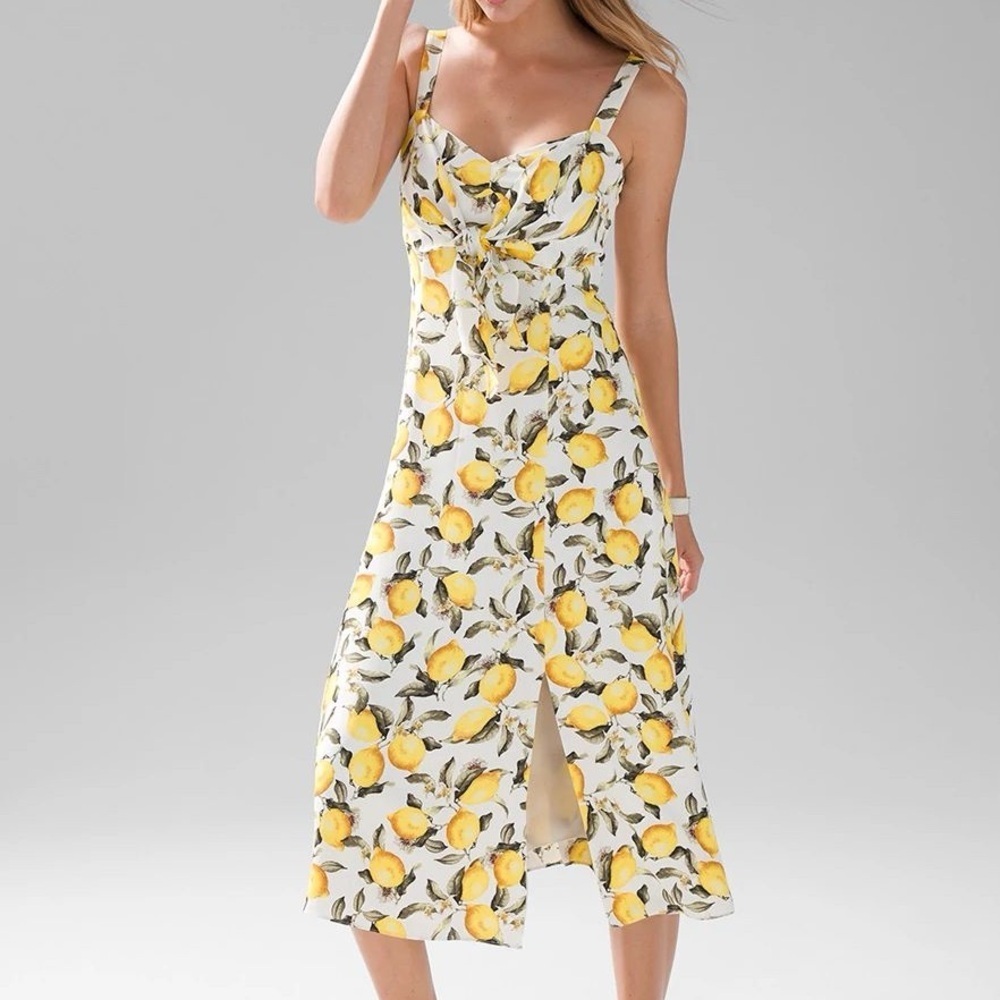 NWT White House Black Market Lemon Print Tie Front Sundress Sleeveless Midi